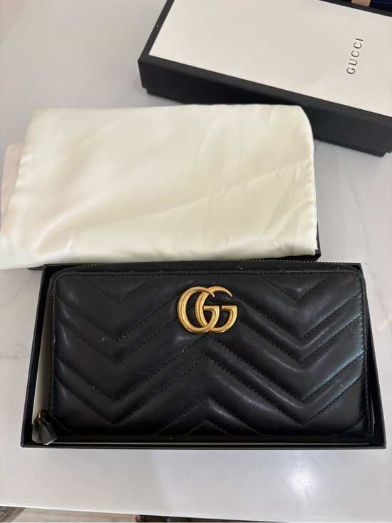 Gucci Handbags - Gucci Black Quilted Chevron Zip-Around Wallet with Gold Double G